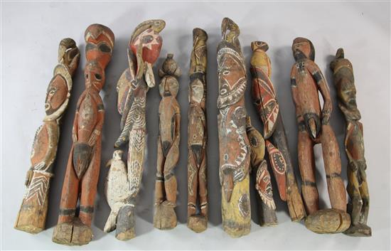 Ten Sepik River ancestor house post figures and heads, various